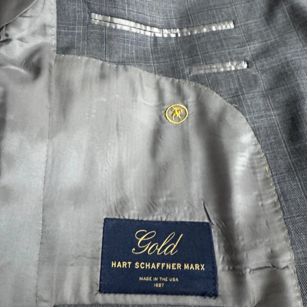 Hart Schaffner Marx Gold Mens Two Piece Suit‎ 42L 34W Grey Plaid Wool